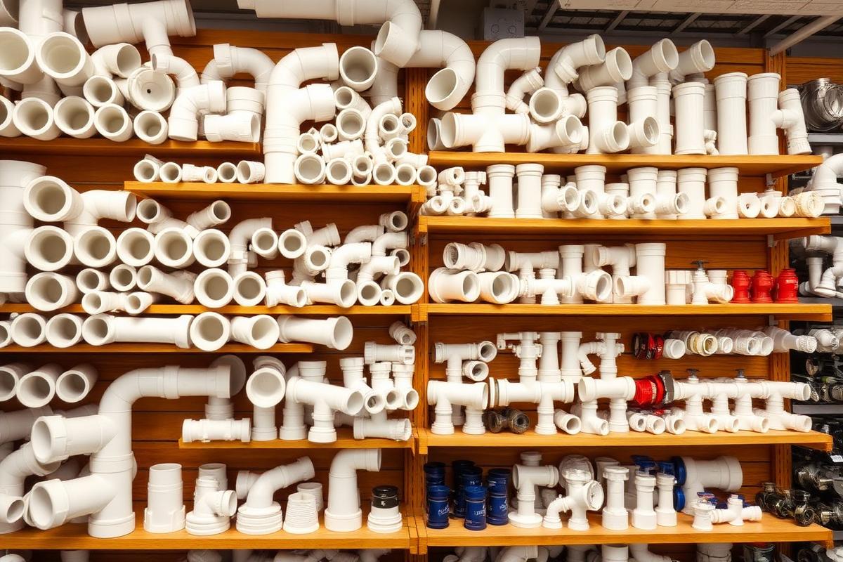 Wide range of PVC pipe fittings including elbows, tees and couplers on display