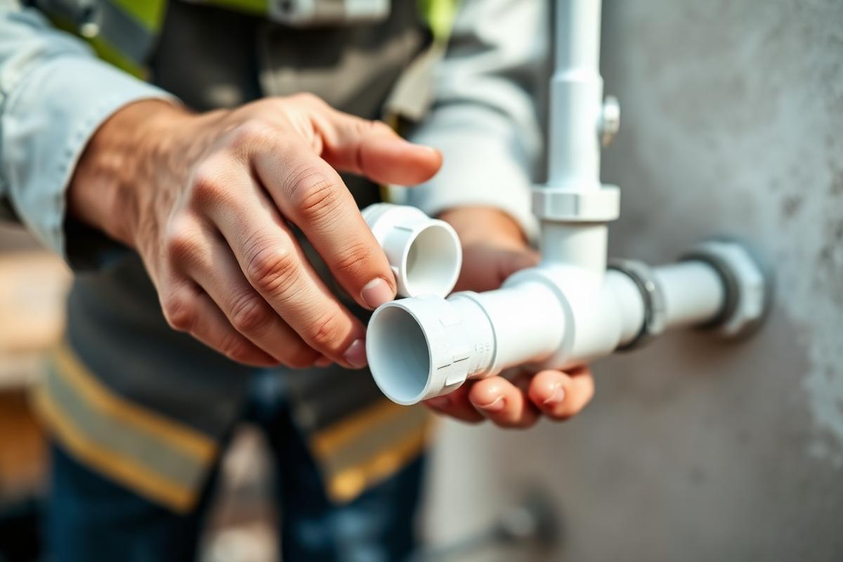 Professional plumber joining PVC pipe fittings during a home plumbing installation