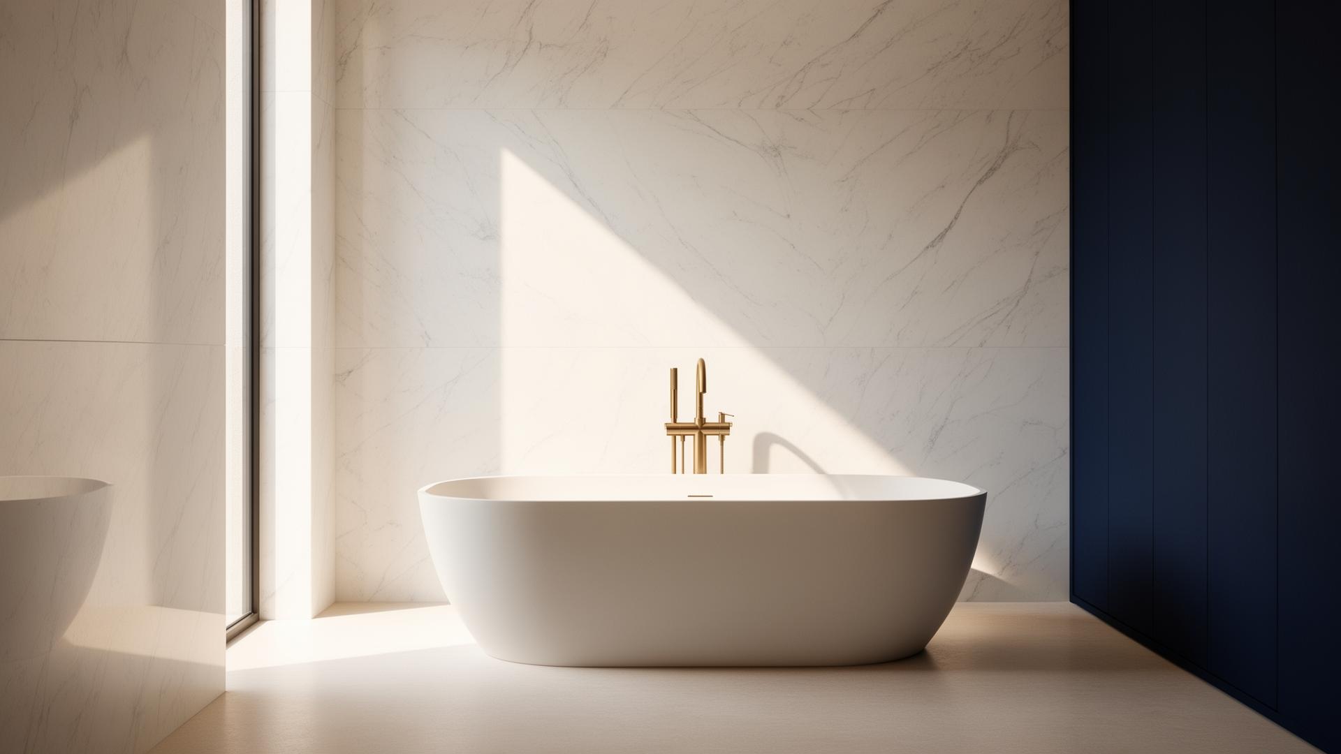 Premium bathroom showroom with marble walls and brushed gold fittings