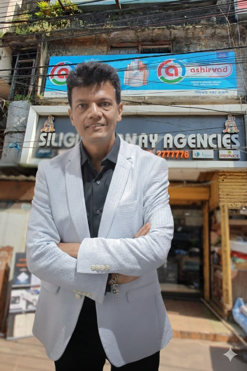 Sanjay Agarwal in front of the Siliguri Sanjay Agencies storefront on Sevoke Road
