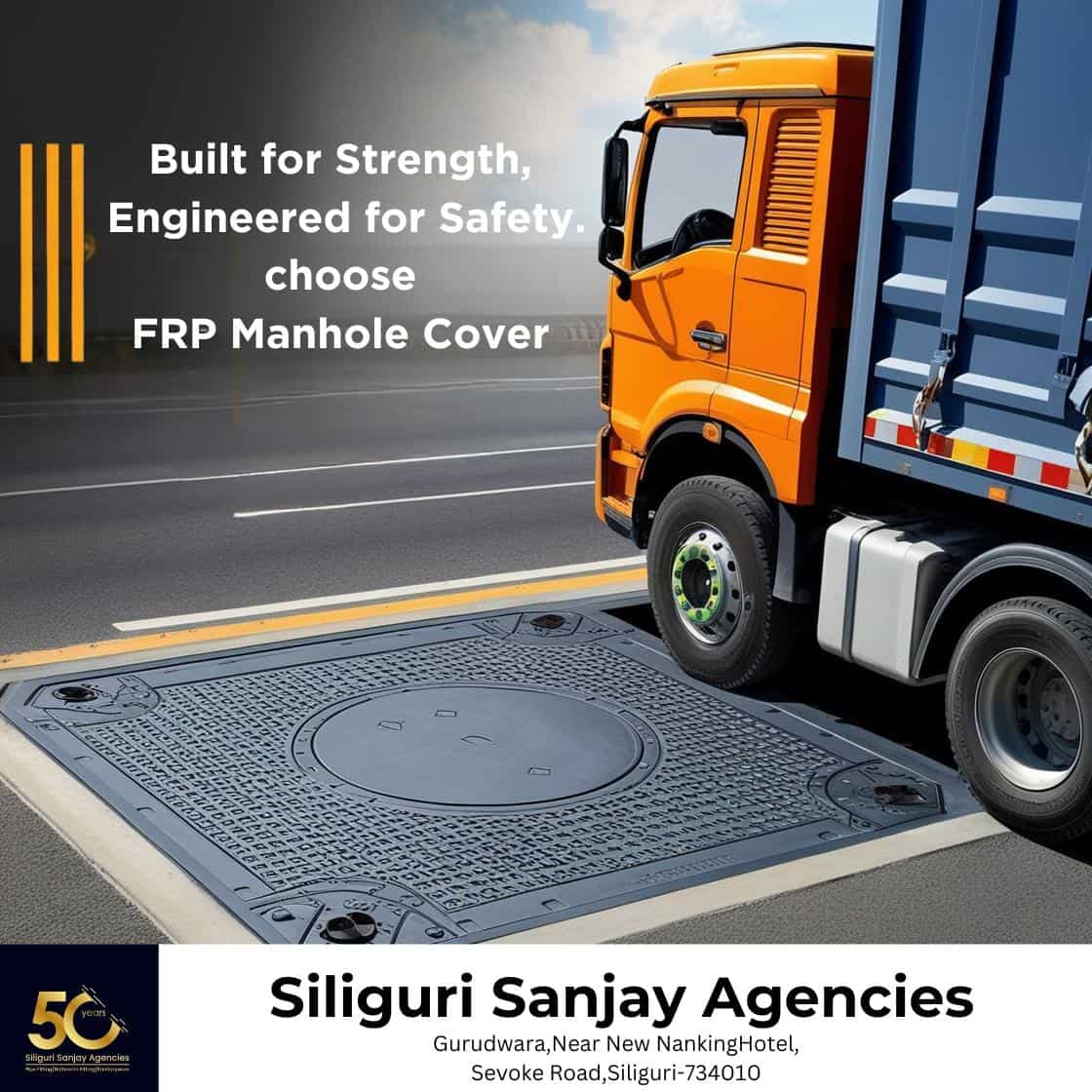 Heavy-Duty FRP Manhole Cover Under Truck Load Truck parked on FRP manhole cover demonstrating high load-bearing strength