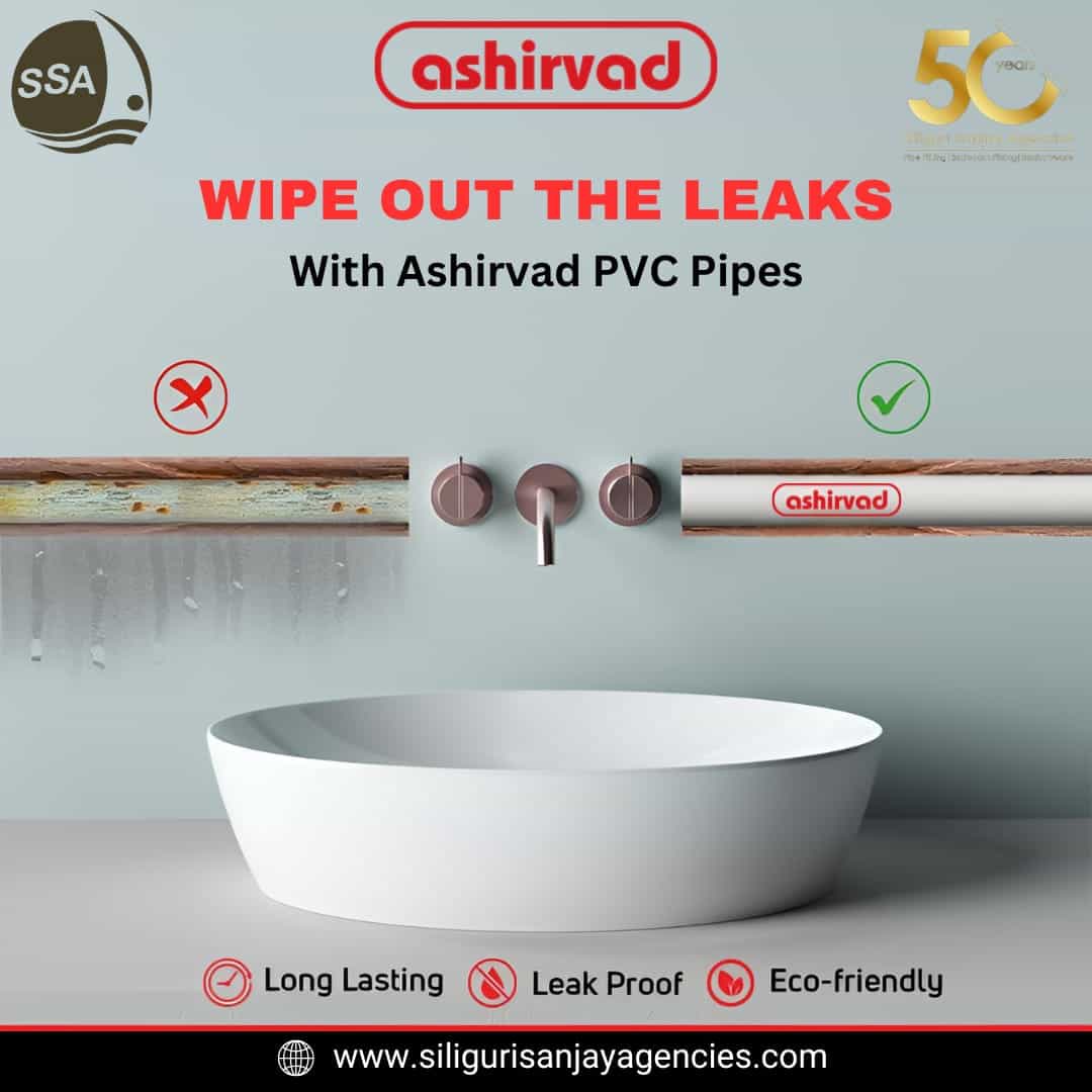 Ashirvad PVC Pipe – Leak-Proof Plumbing Solution Ashirvad PVC pipe installation showing leak-proof plumbing compared to a leaking metal pipe, with a wash basin below</p>
<p>
